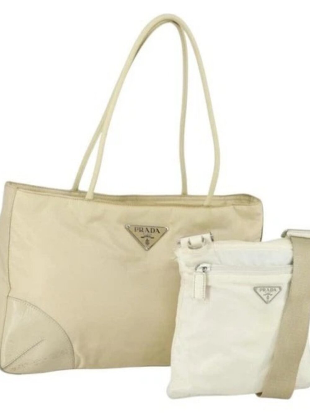 PRADA Shoulder Bag Nylon 2 Set White Beige Auth mr1838